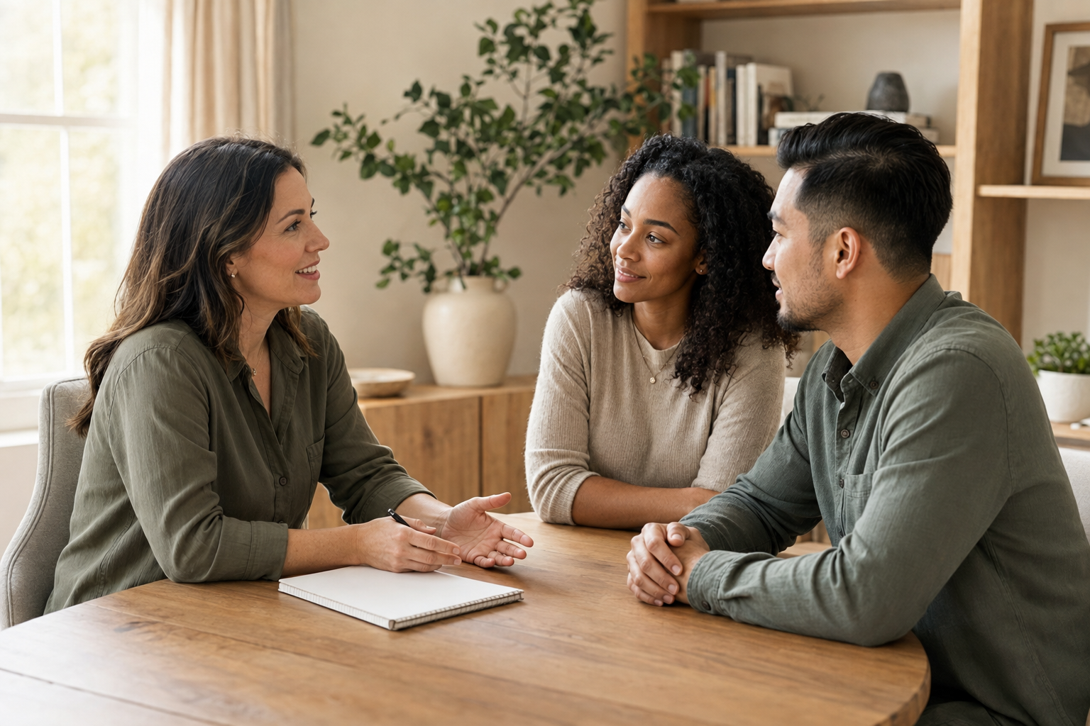 A financial coach having a friendly conversation with a couple